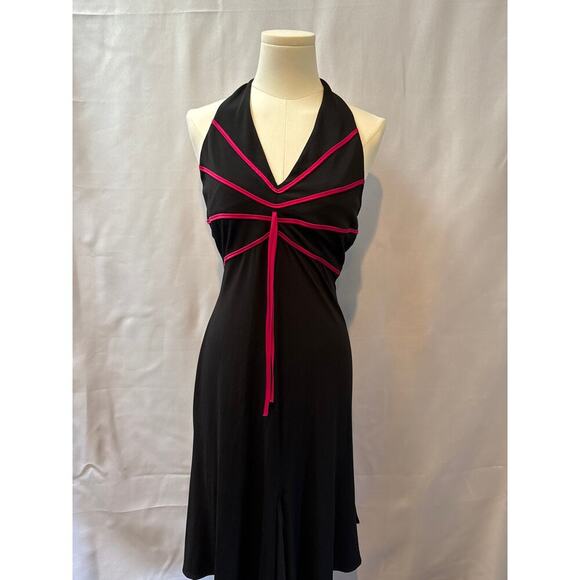 Women’s Cache Black Open Back Dress with Pink Ribbed Accents Sz 4 - Picture 1 of 4